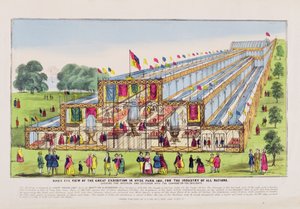 Birds Eye View av den store utstillingen i Hyde Park, viser interiøret og eksteriøret, pub. av A. Flude (trykk) av English School